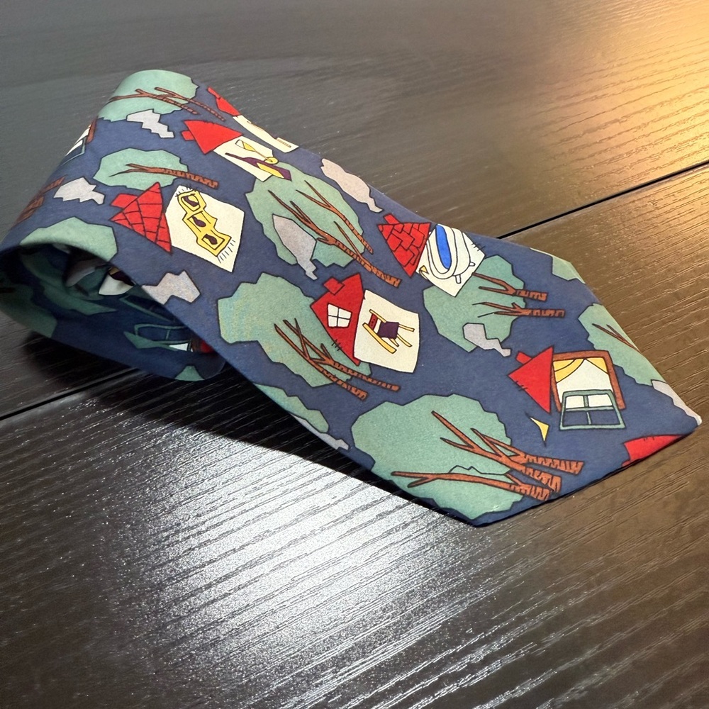 The Beatles Norwegian Wood Novelty Silk Tie Blue Houses Trees Italy Vintage